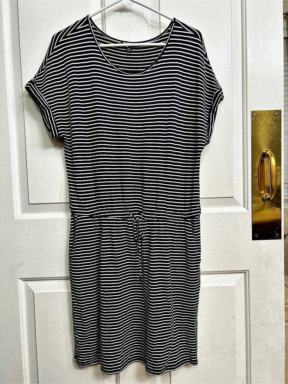 Hilary Radley Navy and White Striped Drawstring T-Shirt Dress Midi Dress Medium